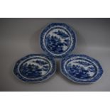 Three 19th Century Transfer Printed and Hand Decorated Blue and White Octagonal Plates in the Willow