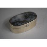 A White Metal Trinket Box with Inset Moss Agate Stone to Hinged Lid. 6.5cms Long