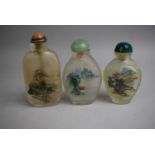A Collection of Three Chinese Reverse Painted Snuff Bottles, One of Rectangular Form decorated