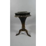 A Victorian Mother of Pearl Inlaid Papier Mache Ladies Trumpet Work Table with Hinged Lid to