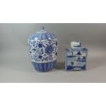 A Large Blue and White Chinese Lidded Vase of Rounded Rectangular Form Together with Smaller Example