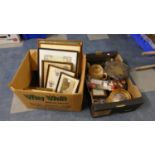 A Box of Pictures, Prints and Maps Together with a Box Containing Cheese Dish, Teapot, Photoframes