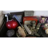 A Tray of Vintage Sundries to Include Radio, Tobacco Box, Sparklet Siphon, Brass Teapot Stands,