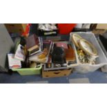 Three Boxes of Sundries to Include Cutlery, Wicker Trays, Ceramics, Books, Ornament etc