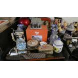 A Tray of Sundries to Include Lilliput Lane, Kendal Tea House, Pair of Blue and White Candle Sticks,