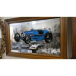 A Framed Wall Mirror Decorated with 1934 Grand Prix Bugatti, 49cm Wide