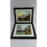 A Pair of Ebonised Framed Paintings on Glass Depicting Coastal Scenes, Each 27cm Wide