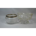 A Heavy Cut Glass Fruit Bowl and Silver Topped Hobnail Cut Glass Bowl