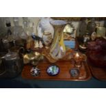 A Tray of Coloured Glassware to Include Carnival Glass Bowls, End of the Day Glass Vase, Three Glass