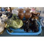 A Pair of Jackfield Cow Creamers, Large Ceramic Frog Ornament, Copper Lustre Jug (AF) and Two Turned