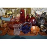 A Tray Containing Coloured Glass to Include Vases, Basket, Overlaid Champagne Glasses etc