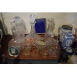 A Tray of Glassware to Include Four Decanters, Two Jugs, Sugar Bowl, Perfume Atomiser etc