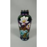 An Edwardian Iridescent Glass Vase with Hand Applied Floral Enamels and Mounted Silver Rim,