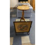 A Circular Tripod Wine Table, Tapestry Screen and Tapestry Topped, Coffee Table