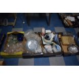 A Collection of Four Boxes of Coloured and Plain Glassware, Kitchen China, Candles, Large Wine