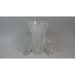 A Cut Glass Vase and Pair of Smaller Vases, Latter AF, Large Vase 26cm High