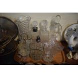 A Tray of Glassware to Include Claret Jug, Two Decanters, Sugar Sifter, Four Bottle Cruet, Water