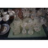 A Tray of Cut and Moulded Glass to Include Vases, Rosebowl, Fruit Bowl, Water Jug