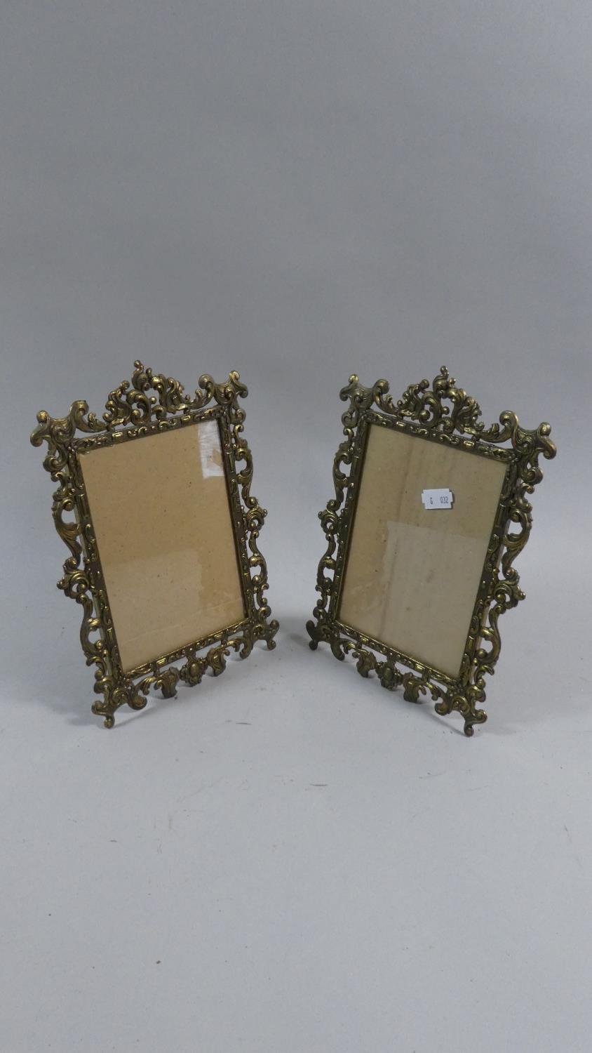 A Pair of Pierced Brass Framed Rectangular Photograph Frames with Easel Backs, Each 26cm High