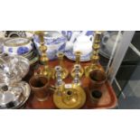 A Collection of Metalware to Include Two Pairs of Brass Candle Sticks, Brass Bed Chamber Stick,