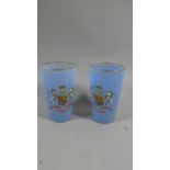 A Pair of Queen Elizabeth II 1953 Coronation Blue Glass Beakers with Coloured Enamelled Decoration