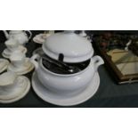 A Large White Glazed Soup Tureen Containing Villeroy and Boch Stainless Steel Cutlery etc