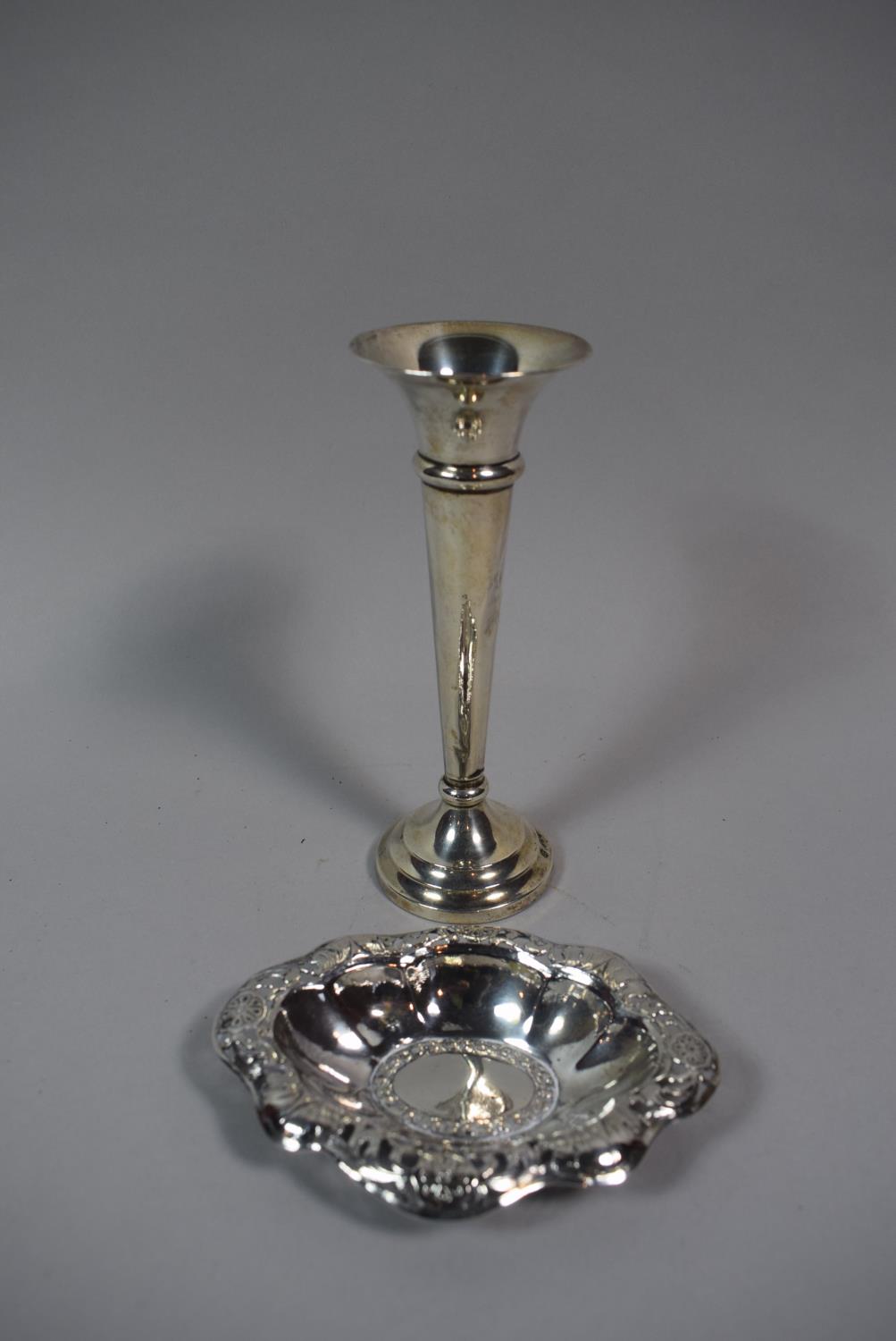 A Silver Oval Bonbon Dish with Pierced Border Together with a Silver Bud Vase, 18cm High