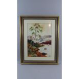 A Framed Water Colour Depicting Landscape Scene with Lake, Boats and Castle to Background, Signed