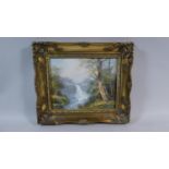 A Gilt Framed Oil on Canvas Depicting Woodland Waterfall, Signed R Danford, 24cm Wide