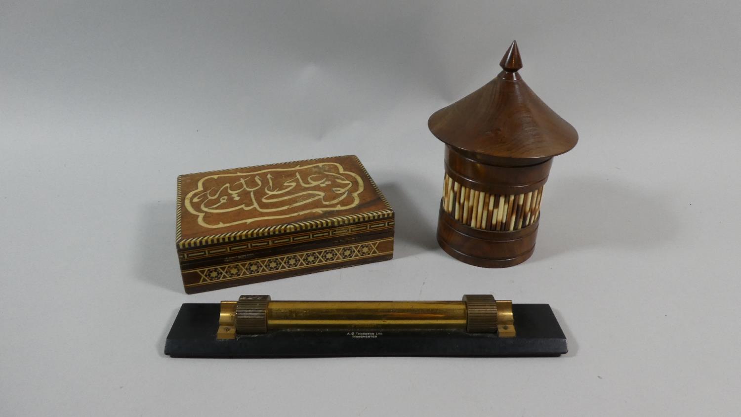 A Circular Quill Mounted Lidded Box, Jewish Inlaid Box and Thornton Roller Ruler