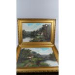 A Pair of Framed Oils on Canvas Depicting Landscape Scenes with Cottage to Background and Lady to