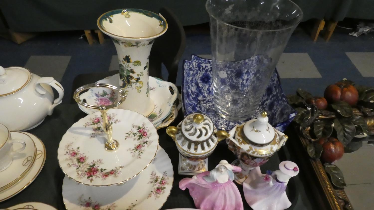 A Tray of Ceramics and Glassware to Include Figural Ornaments, Continental Vases, Cake Stand, Etched