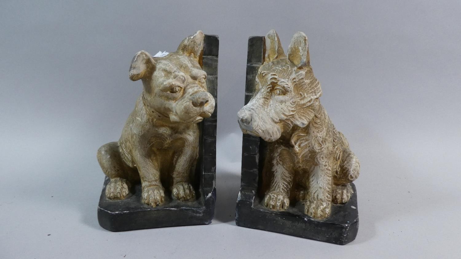 A Pair of Plaster Novelty Bookends with Dog Mounts, Each 18cm High, Some Losses