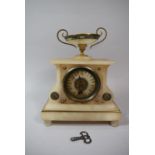 A French Alabaster Mantle Clock with Vase Finial, 20cm Wide