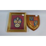 A Framed Embroidered Crest, Service Before Self and Royal Standard Shield