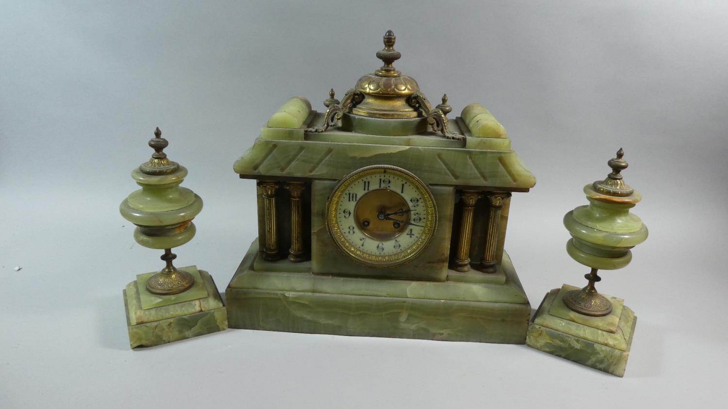 A French Green Marble Clock Garniture of Architectural Form with Ormolu Mounts Including Reeded