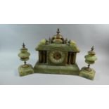 A French Green Marble Clock Garniture of Architectural Form with Ormolu Mounts Including Reeded