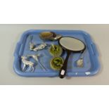 A Tray of Sundries to Include Ladies Shoe Pin Cushion, Dressing Table Mirror, Preserve Spoon, Animal