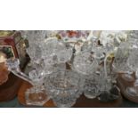 A Collection of Cut and Moulded Glassware to Include Three Branch Candelabra, Rose Bowls, Vases,