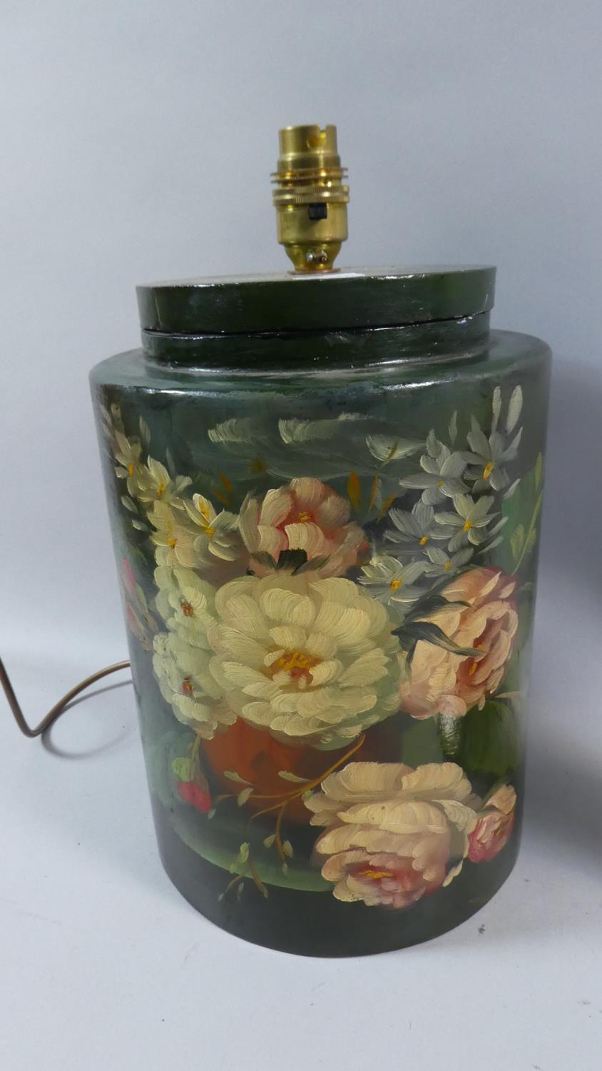 A Bargeware Style Cylindrical Table Lamp with Hand Painted Rose Decoration, 28cm High