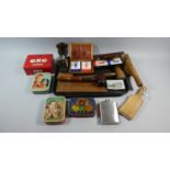 A Tray of Vintage Sundries to Include Various Decorated Tins, Hip Flask, Cribbage Board, Gavel,