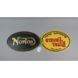 Two Reproduction Cast Metal Wall Mounting Motorcycle Signs for Royal Enfield and Norton, Plus VAT