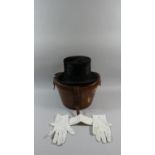 A 19th Century Leather Hat Box Containing Silk Top Hat by Austin Reed, White Gloves and Detachable
