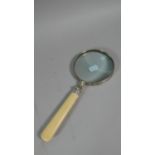 A Bone Handled Desk Top Magnifying Glass with Silver Mount, 25cm Long