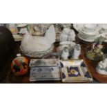 A Tray of Ceramics to Include French Faience Inkstand, Hen Egg Box and Jug, Penguin Ornaments,