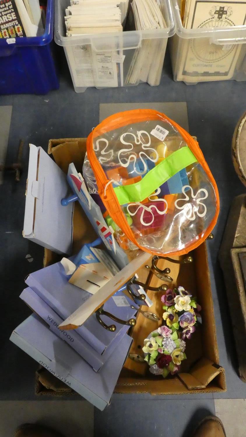 A Box of Various Sundries to Include Wedgwood Decorated Plates, Building Blocks, Posy Ornaments etc