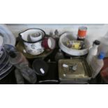 A Tray of Sundries to Include Brass Bowl, Perfume Bottles, Hip Flask, Silver Plated Sardine Dish,