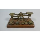 A 19th Century Set of Brass Postage Scales and Weights on Wooden Plinths, 16cm Wide