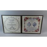 Two Vintage Framed Prints on Silk, Souvenir of Marriage Between Captain Hutton and Rose Rhodes,