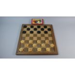 An Inlaid Wooden Chess Board with Set of Vintage Turned Wooden Draughts, Board 41cms Square